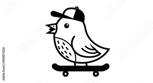 A cartoon bird wearing a cap rides a skateboard in a graphic illustration from a side view