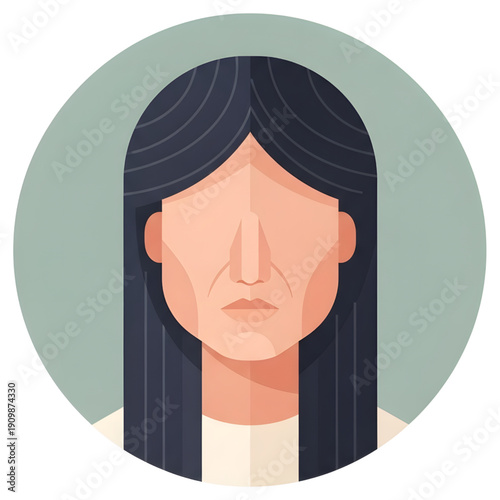 Woman with long black hair and blank expression