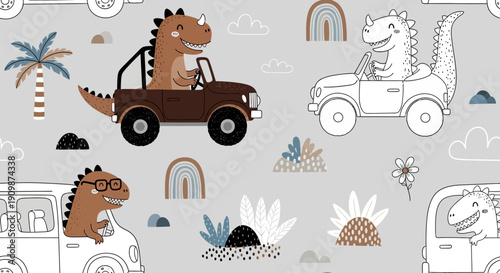 Dinosaurs driving cars in a prehistoric landscape with clouds and rainbows viewed from above