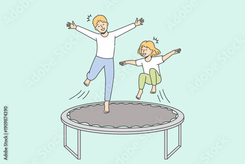 Two happy children jumping high on a trampoline, enjoying outdoor fun and physical activity, illustration