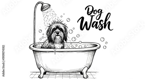 A dog being washed in a bathtub with shower water splashing on its fur from a faucet overhead in a bathroom setting