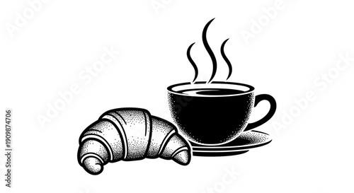 Steaming coffee cup and croissant on saucer, a classic breakfast illustration from a close-up viewpoint
