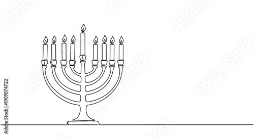 A stylized illustration of a traditional Jewish menorah with nine lit candles on a simple base
