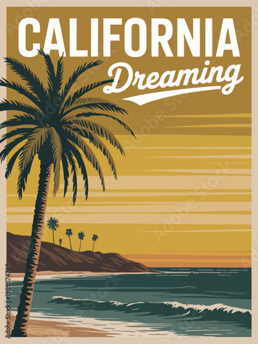 Wallpaper Mural California Dreaming Poster, retro sunset background, coastal California vibe, horizontal stripe design Torontodigital.ca