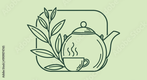 A serene illustration of a teapot and tea cup surrounded by leaves, viewed from the front