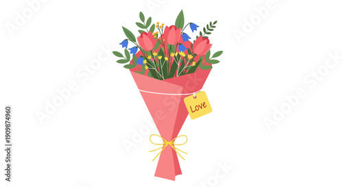 A vibrant bouquet of flowers beautifully wrapped with a gift tag attached to the ribbon