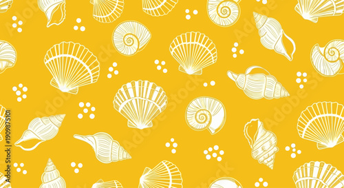 An overhead view of white seashells and dots on a vibrant yellow background in a pattern, illustration