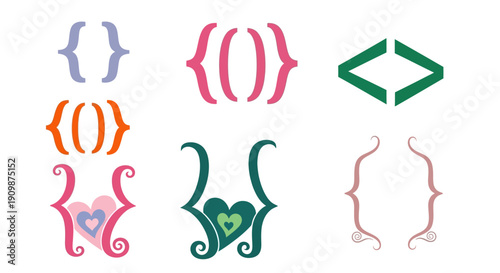 Collection of colorful abstract graphic elements and decorative symbols on a white background viewed from a straightforward angle