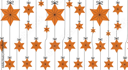 A festive pattern of orange stars hanging from strings on a seamless repeat
