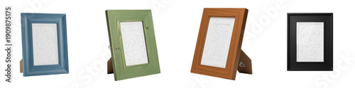 Picture Frame PNG Isolated White Background, Tabletop Photo Frame Set, Blue Green Wood Black Border, Portrait Mockup Collection, Home Decor Interior Design Element