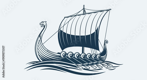 A majestic Viking longship sailing through turbulent ocean waters, viewed from the side with intricate details