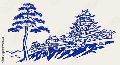 Illustration of a pagoda surrounded by trees and buildings on a hillside viewed from a distance