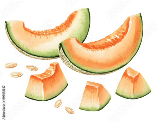 Hand painted cantaloupe melon slices with seeds in soft natural botanical watercolor style.