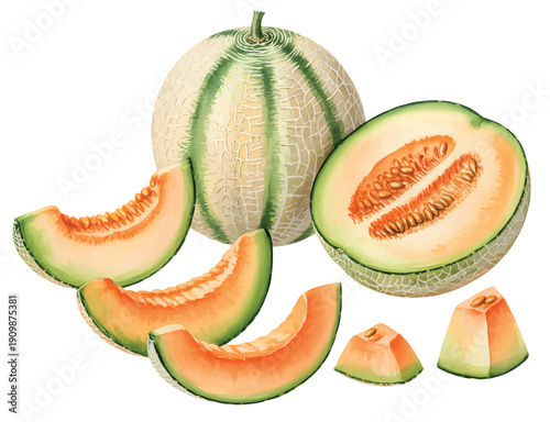 Fresh orange cantaloupe wedges and cubes illustrated in delicate hand painted watercolor texture.