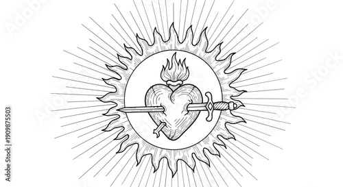 A detailed illustration of a flaming heart pierced by a sword surrounded by sun rays