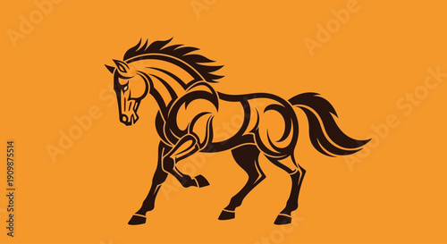 A dynamic horse illustration in mid-gallop on an orange background viewed from the side