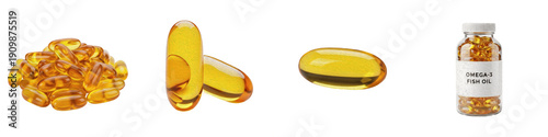 Omega 3 Fish Oil Softgel PNG Isolated White Background, Golden Transparent Capsules Pile, Vitamin Supplement Bottle, Health Oil Gel Tabs, Nutritional Supplement