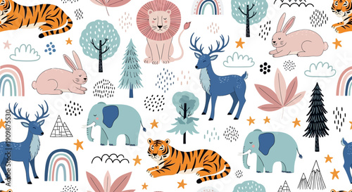 A vibrant collection of cartoon animals and plants in a whimsical landscape viewed from above