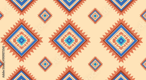 Geometric pattern featuring diamond shapes in blue, orange, and red hues on a cream background viewed directly from above