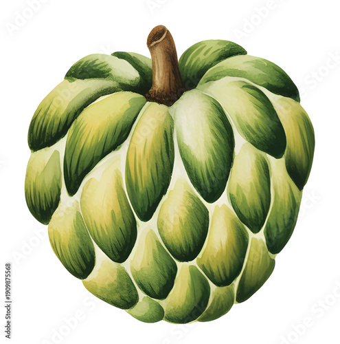 Botanical sugar apple fruit with stem, foliage and small buds painted in soft organic watercolor style.