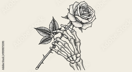 A skeletal hand grasping a thorny stem with a rose illustration from a front view