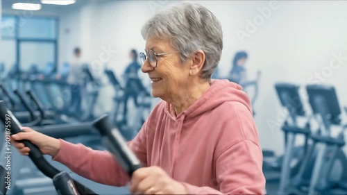 Joyful older woman smiling while exercising on an elliptical cross trainer at a contemporary fitness center