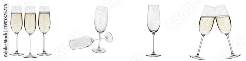 Champagne Glass Set PNG, Isolated White Background, Sparkling Wine Flutes, Toasting Glasses, Empty and Full Crystal Stemware, Celebration Drinkware Clipart, Prosecco