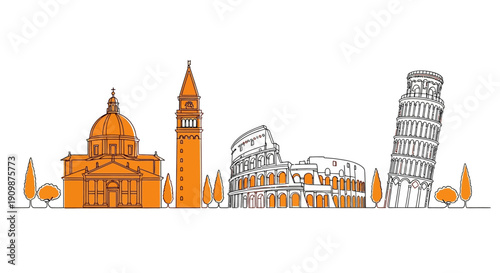 Iconic landmarks of Italy illustrated in a stylized graphic representation showcasing famous monuments from different cities in a single artistic view