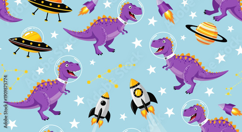 Purple dinosaurs and spaceships dancing among stars and planets in a vibrant cartoon universe viewed from above