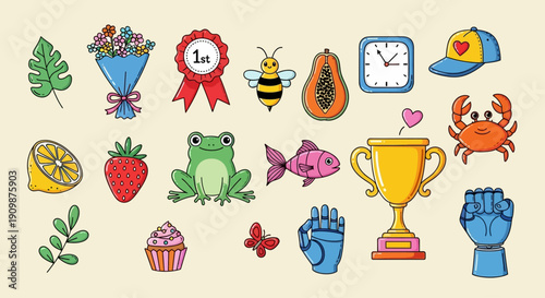 Collection of colorful cartoon icons representing various objects and animals arranged neatly on a plain background from a straightforward viewpoint
