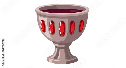 An ornate, red-jewelled, brown goblet filled with a deep red liquid is prominently displayed on a white background from a frontal viewpoint with precise illustration.