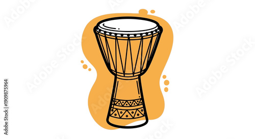 Hand-drawn illustration of a djembe drum on a vibrant orange background from a front viewpoint