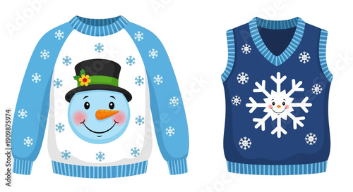 Two winter-themed sweaters, one with a snowman and snowflakes on a white and blue background, the other with a large snowflake on a blue sweater, viewed from the front.
