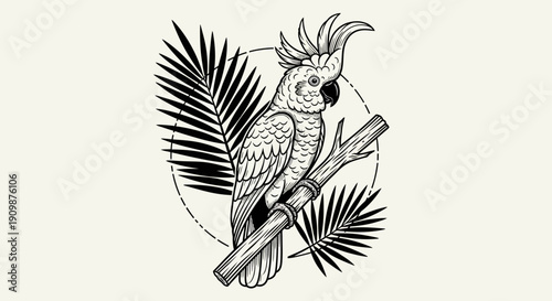 An illustrated black and white cockatoo perched on a branch surrounded by tropical leaves viewed from the side in a circular frame