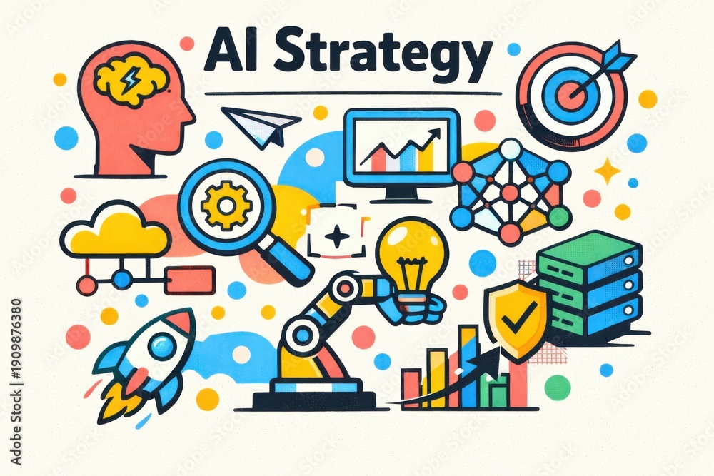 Naklejka premium AI Strategy Visualization Incorporating Data Analytics Automation Leadership Insights Technology Elements Illustrated with Charts and Creative Design