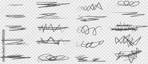 Vector hand drawn black scribble lines, underlines, and shapes set on transparent background, png cutout