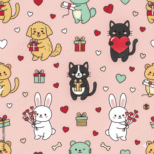 repeating pattern filled with adorable kawaii animals celebrating Valentine's Day. Features cute cats, dogs, and rabbits holding hearts, flowers. Vector illustration