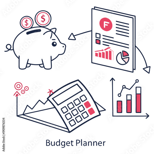 A budget planner with a piggy bank and calculator