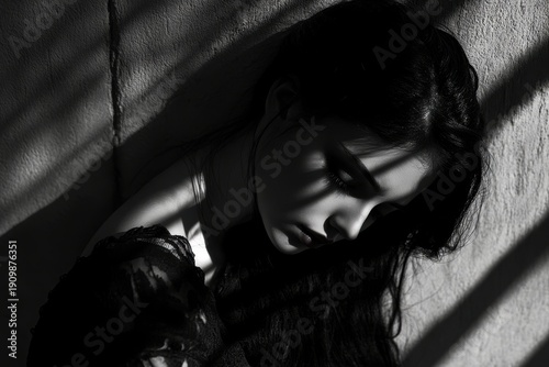 Young woman in shadows reflecting deep emotions in a moody indoor setting during daylight hours