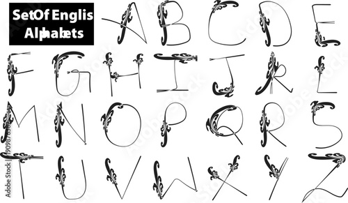 Black and white vector English alphabet with ornate floral decorative elements, isolated on white