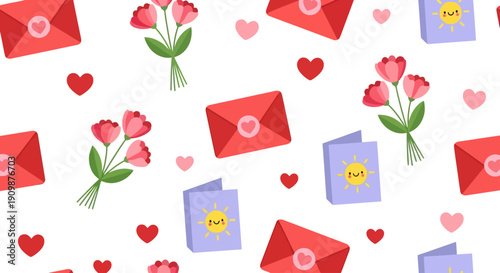 A vibrant pattern featuring envelopes, flowers, and hearts scattered across a clean background from a top-down viewpoint