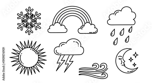 Assorted weather elements, including sun, clouds, rainbow, and snowflake, depicted in simple line drawings across a clean background from a straightforward viewpoint