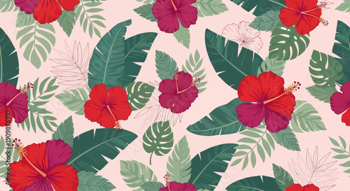 Tropical flowers and leaves pattern viewed from directly above in a seamless design