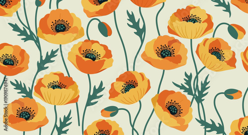 Vibrant orange poppy flowers blooming in a lush garden setting viewed from above