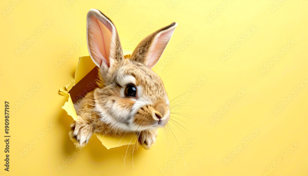 Fototapeta premium Süßer Osterhase schaut durch Papierloch auf gelbem Hintergrund