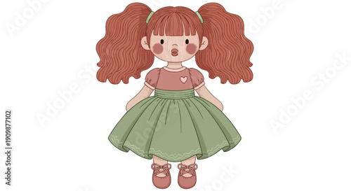A young girl with red hair and a green skirt stands facing forward