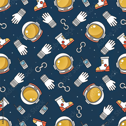 A playful, seamless pattern featuring cartoon astronaut equipment like helmets, gloves, and boots against a starry night sky. Perfect for kids' designs.. Vector illustration