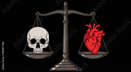 A symbolic scale balancing a skull and a heart, representing life and death in equilibrium, viewed from the front.
