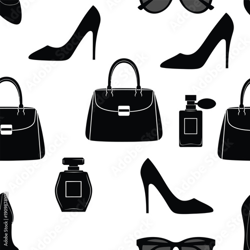 Fashion accessories illustration featuring handbags, shoes, and beauty products.