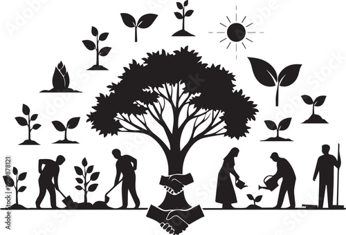 Community gardening and tree planting group silhouette vector cooperative eco illustration